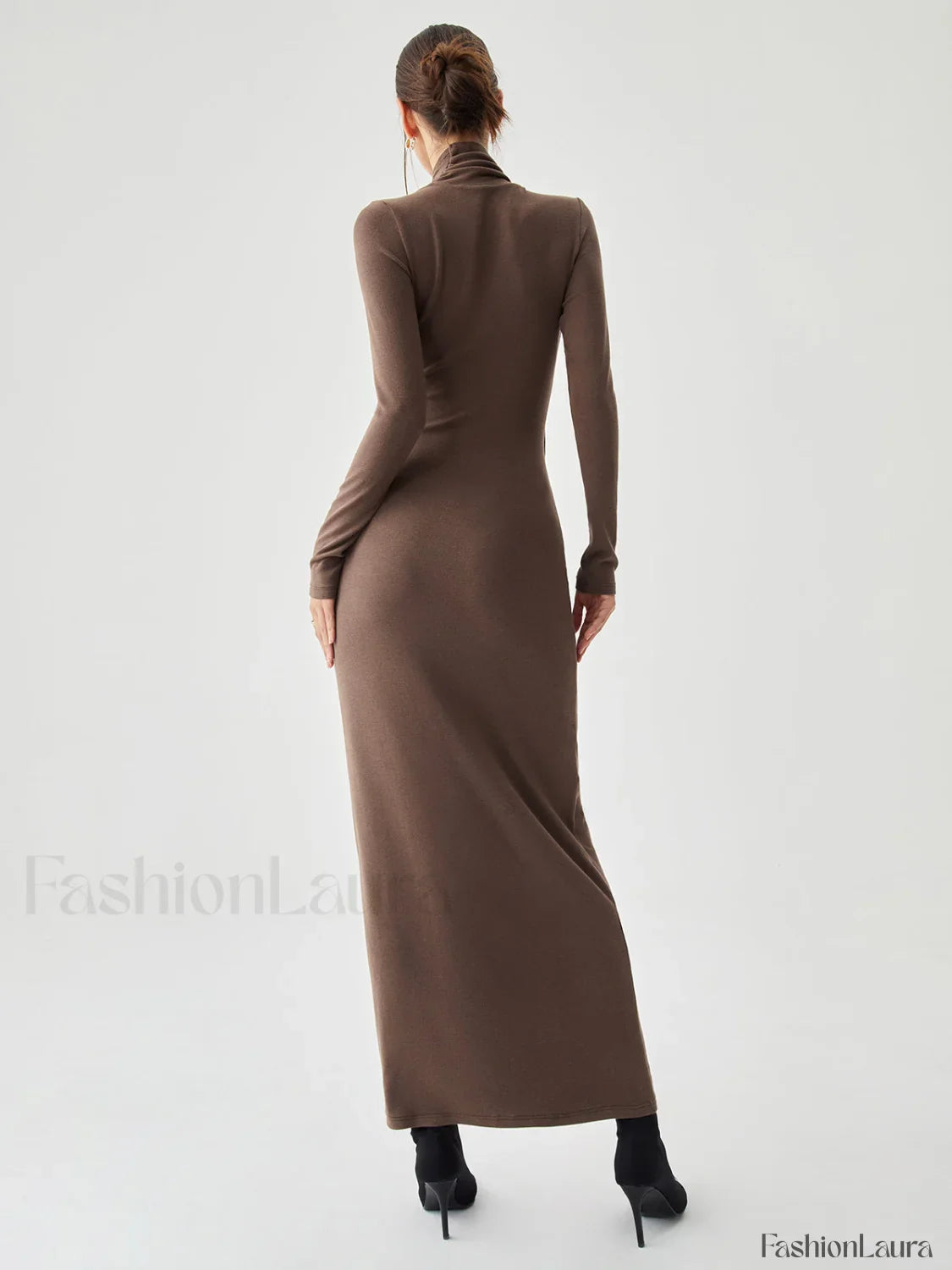 Bodycon High Neck Ribbed Knit Classic Long Dress with Matching Scarf