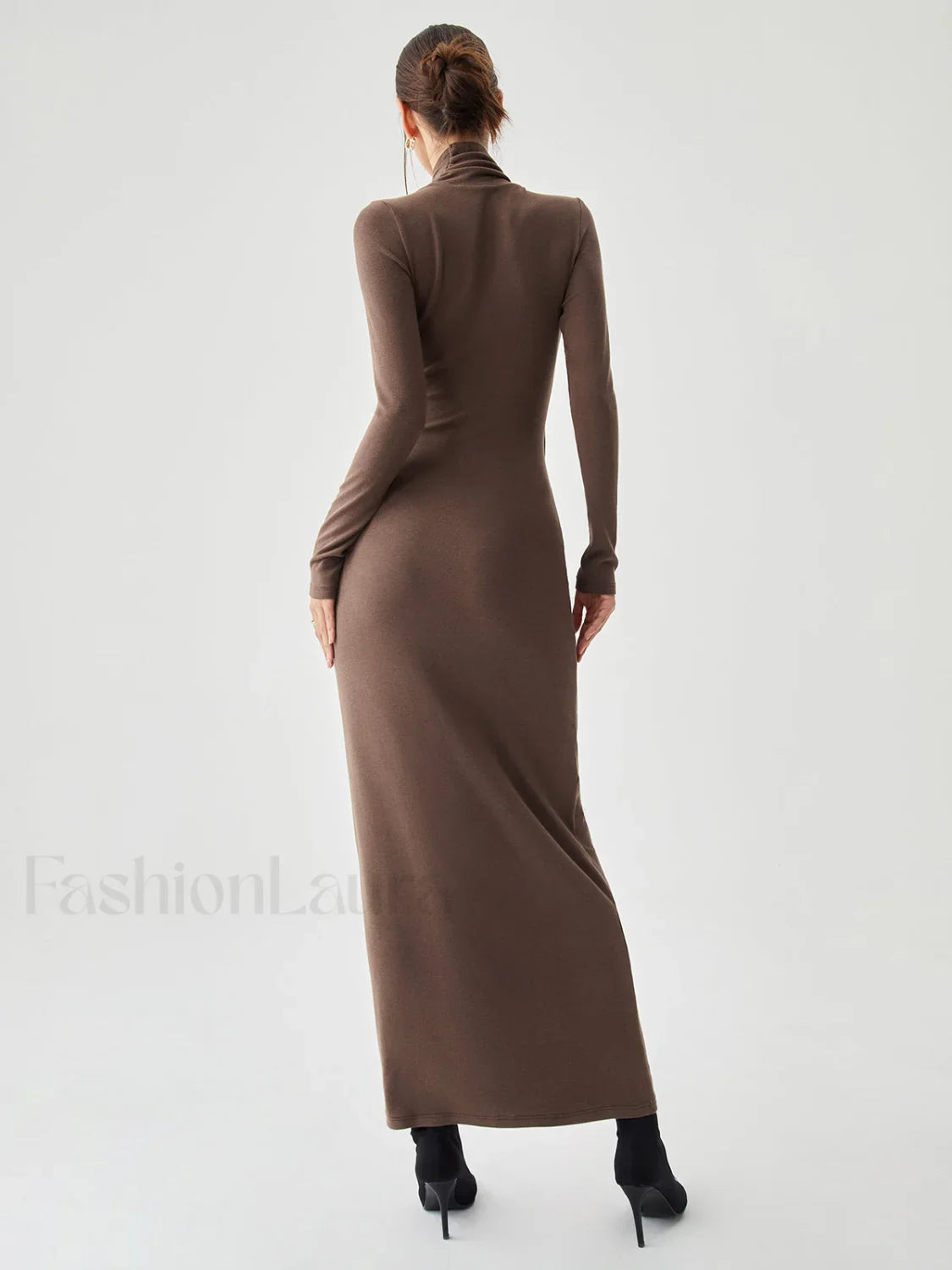 Bodycon High Neck Ribbed Knit Classic Long Dress with Matching Scarf