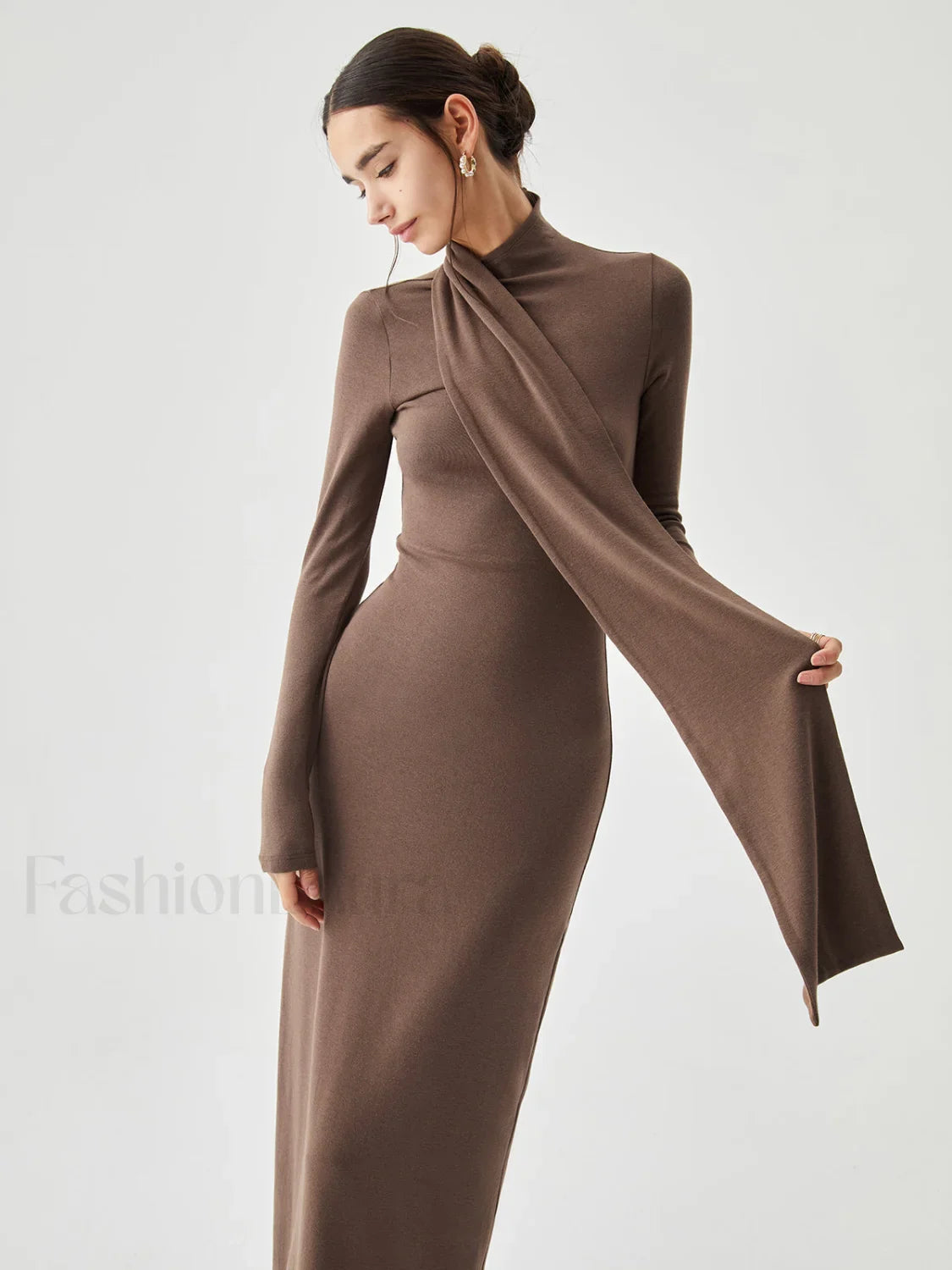 Bodycon High Neck Ribbed Knit Classic Long Dress with Matching Scarf