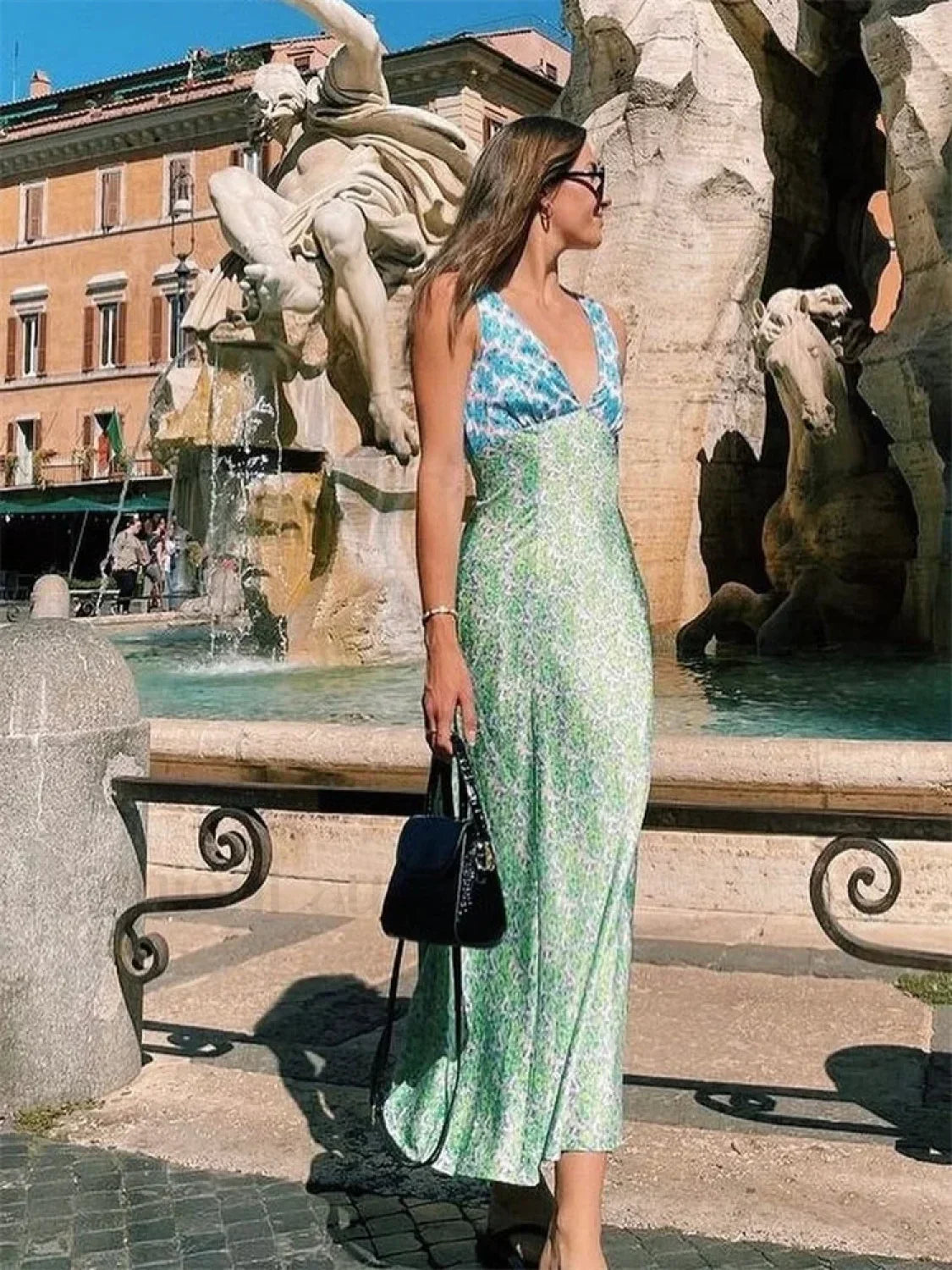 Bohemian Floral Print Deep V Neck Bodycon Floral Dress