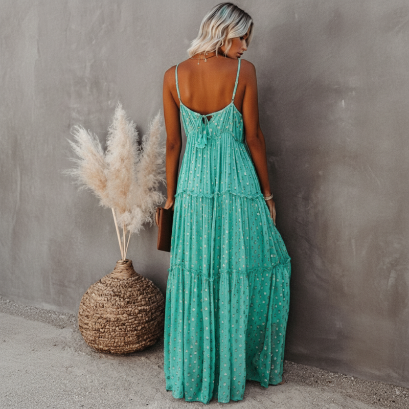 V-Neck Spaghetti Strap Tiered Maxi Dress 2