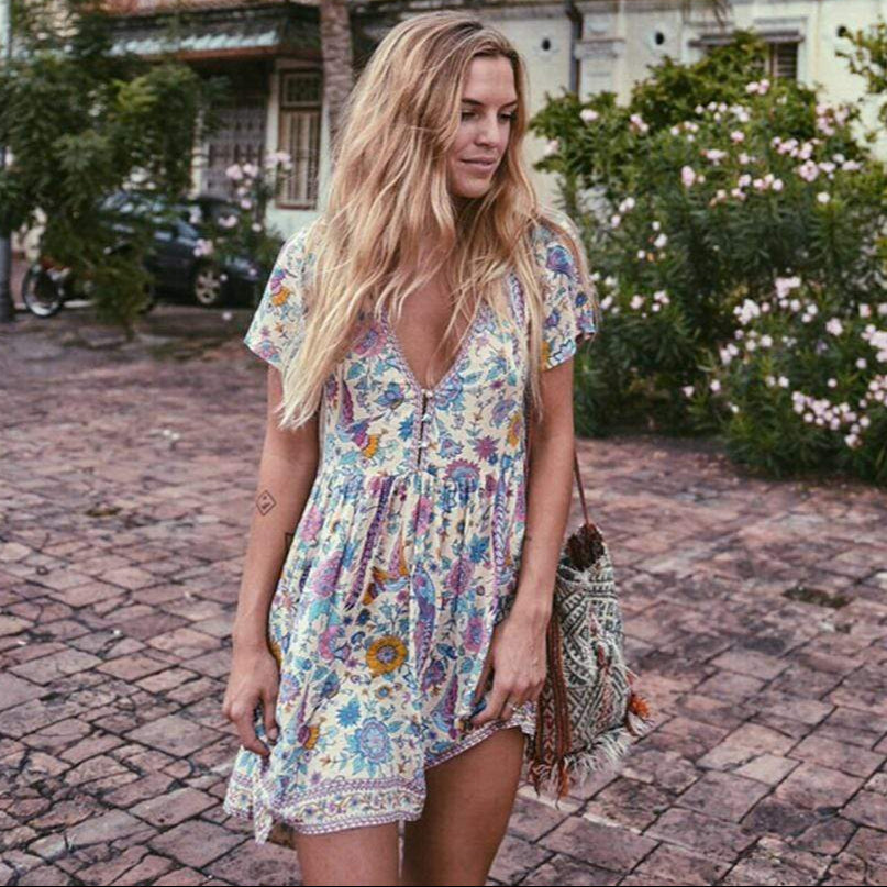 Floral Print V-Neck Short Sleeve Button Front Mini Dress