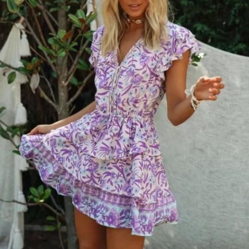 Floral Print V-Neck Short Sleeve Tiered Ruffle Mini Dress