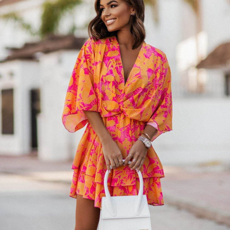 Floral Print Deep V-Neck Batwing Sleeve Tiered Ruffle Mini Dress