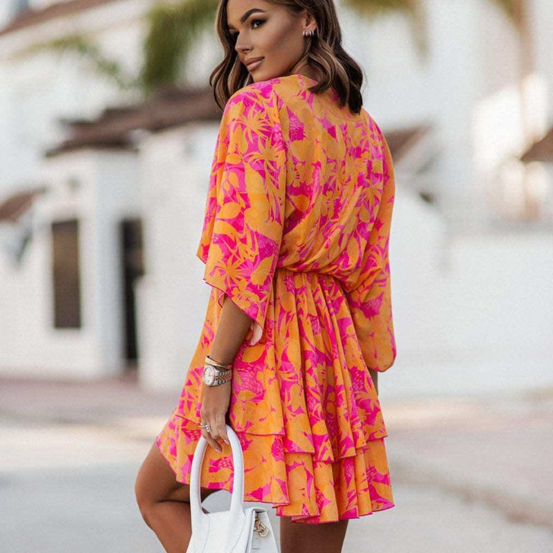 Floral Print Deep V-Neck Batwing Sleeve Tiered Ruffle Mini Dress 2