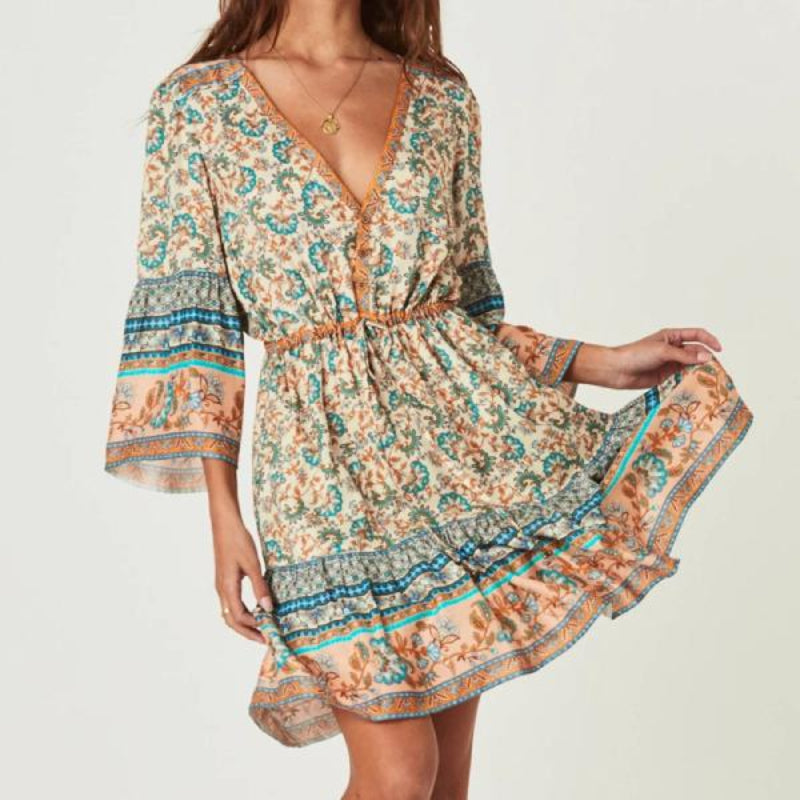 Floral Print V-Neck Bell Sleeve Button Front Mini Dress 2