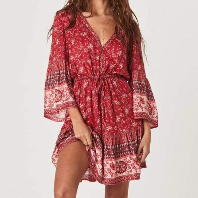 Floral Print V-Neck Bell Sleeve Button Front Mini Dress