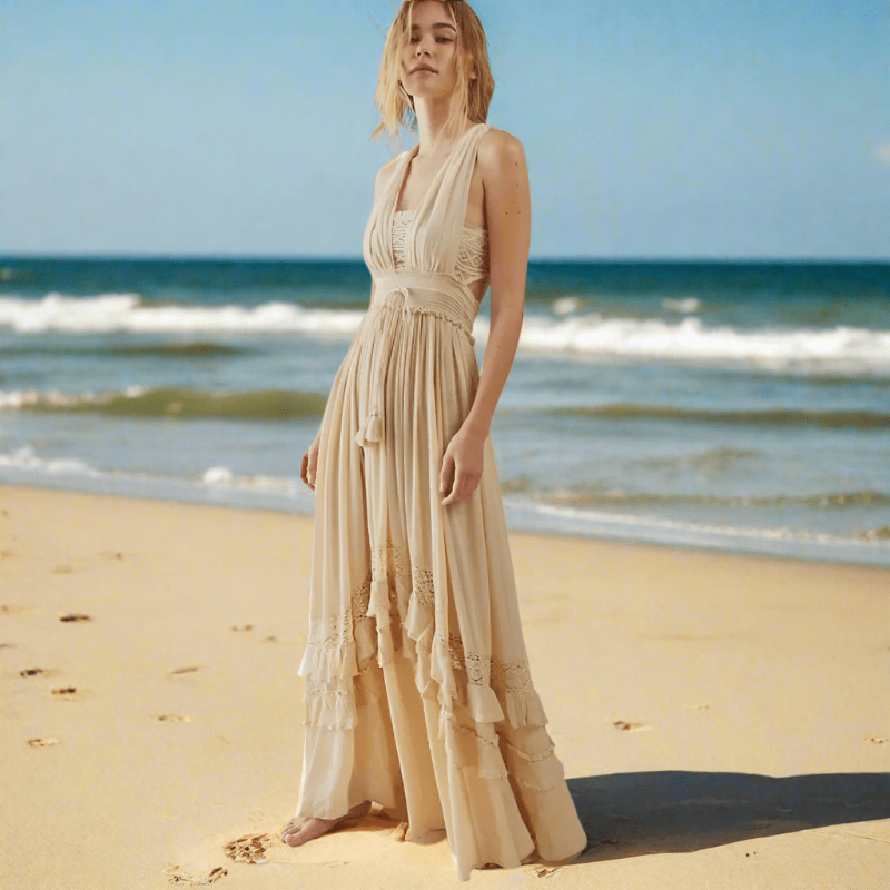 Lace Trim Sleeveless Tiered Ruffle Maxi Dress Summer 3