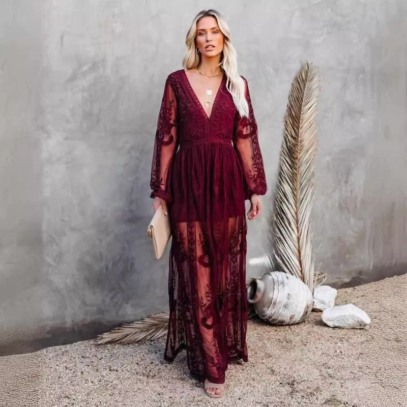 Lace Deep V-Neck Long Sleeve Sheer Maxi Dress