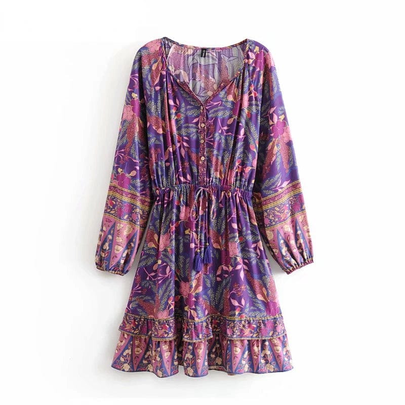 Floral Print V-Neck Long Sleeve Tiered Ruffle Mini Dress 3