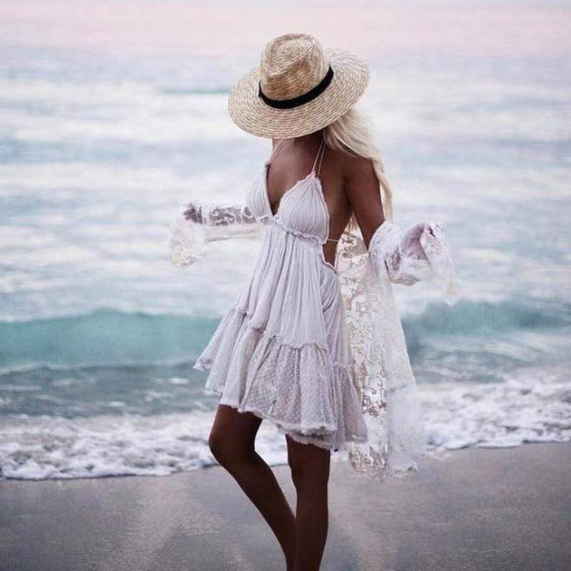 Lace Halter Backless Tiered Mini Dress