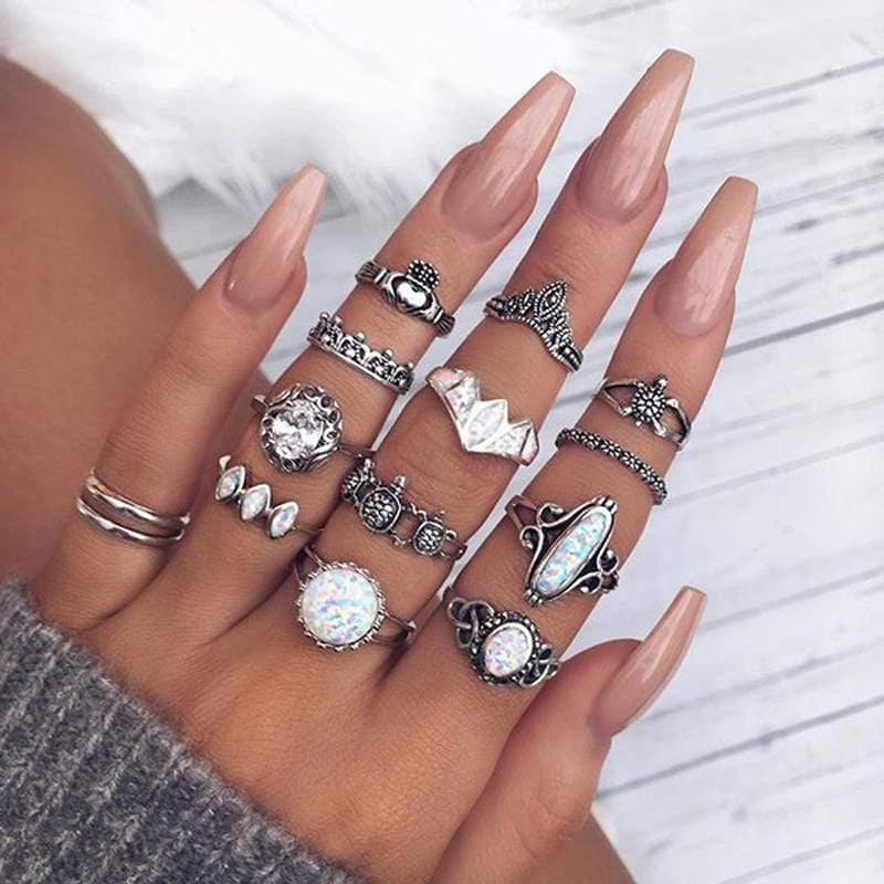 Boho Beach Hut Rings, Ring set Silver / 4-8 Vintage Antique 12pc Ring Set