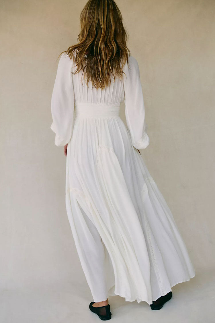 Boho Deep V Shirred Embroidered Lace Chiffon Beach Vacation Maxi Dress