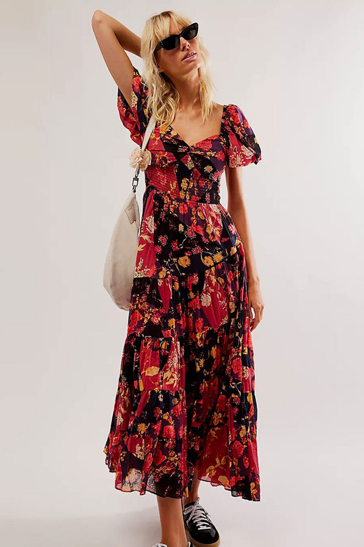 Boho Floral Patchwork Ruched Bustier Shirred Tiered Vacation Maxi Dress