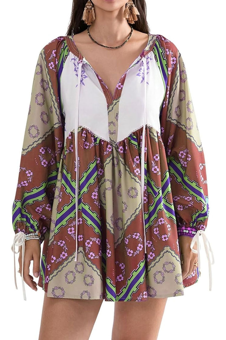 Boho Floral Patchwork Tie Neck Bishop Sleeve Vacation Babydoll Mini Dress