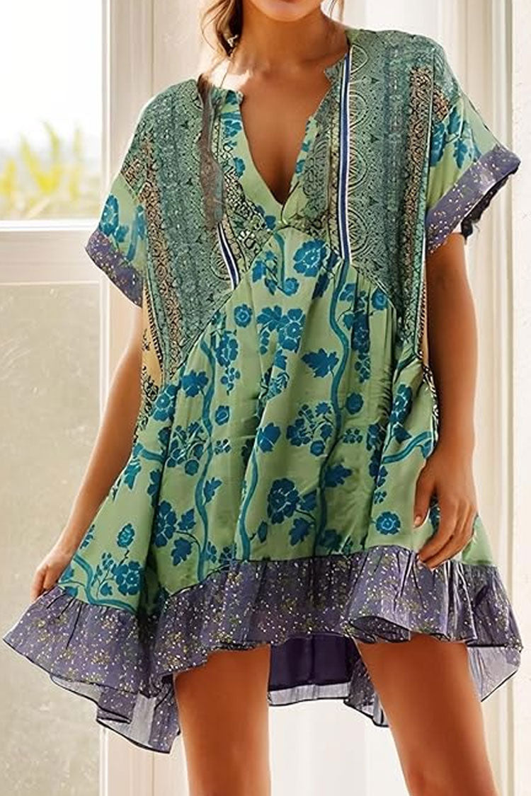 Boho Floral Patchwork V Neck Ruffle Babydoll Beach Vacation Mini Dress
