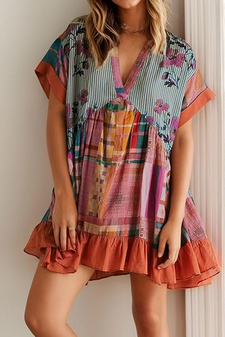 Boho Floral Patchwork V Neck Ruffle Babydoll Beach Vacation Mini Dress