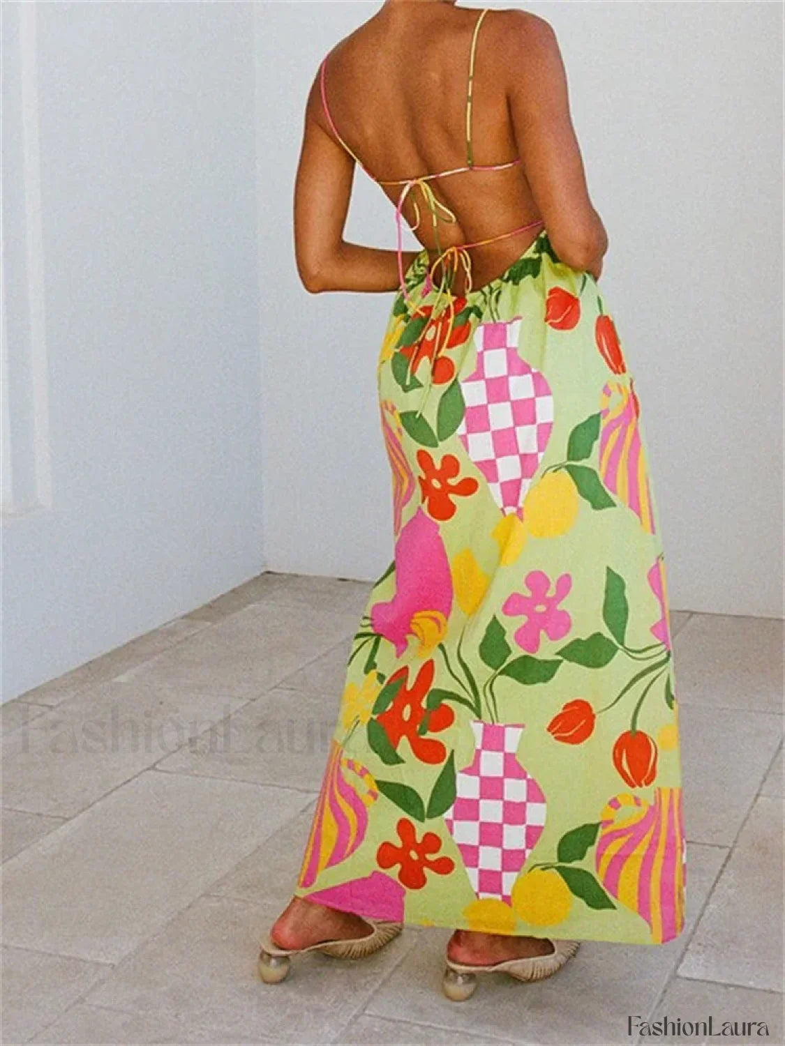 Boho Floral Strap Backless Maxi Dress