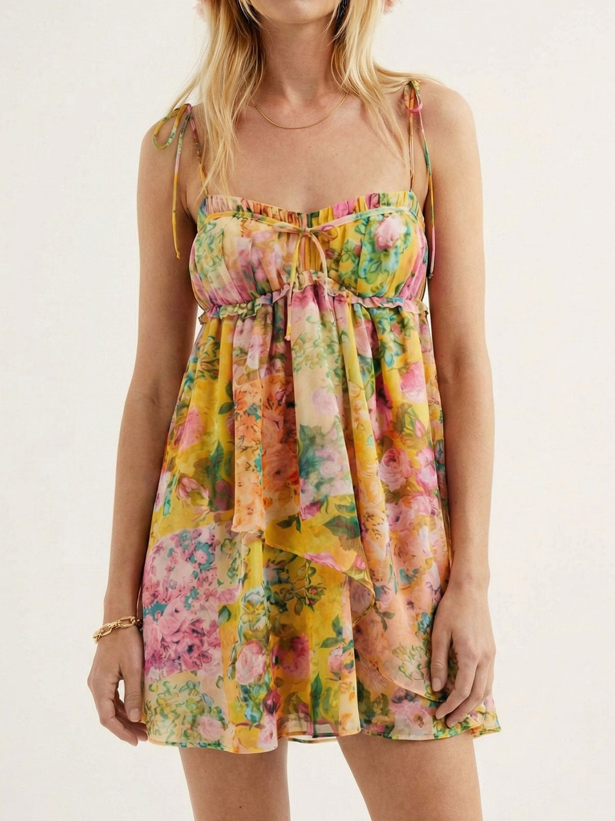 Floral Chiffon Spaghetti Strap Babydoll Mini Dress