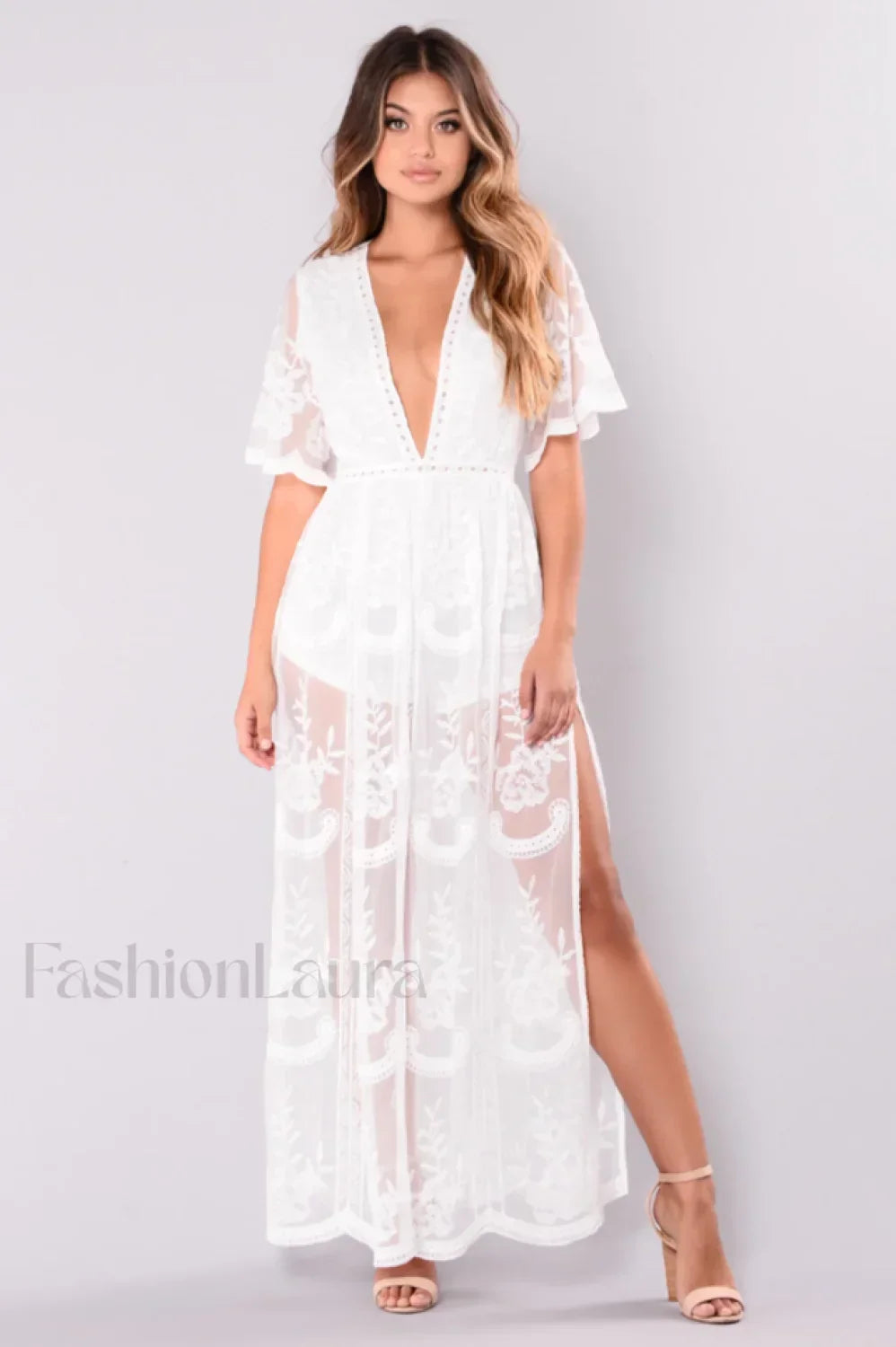 Boho Lace Stylish Maxi Dress S / White