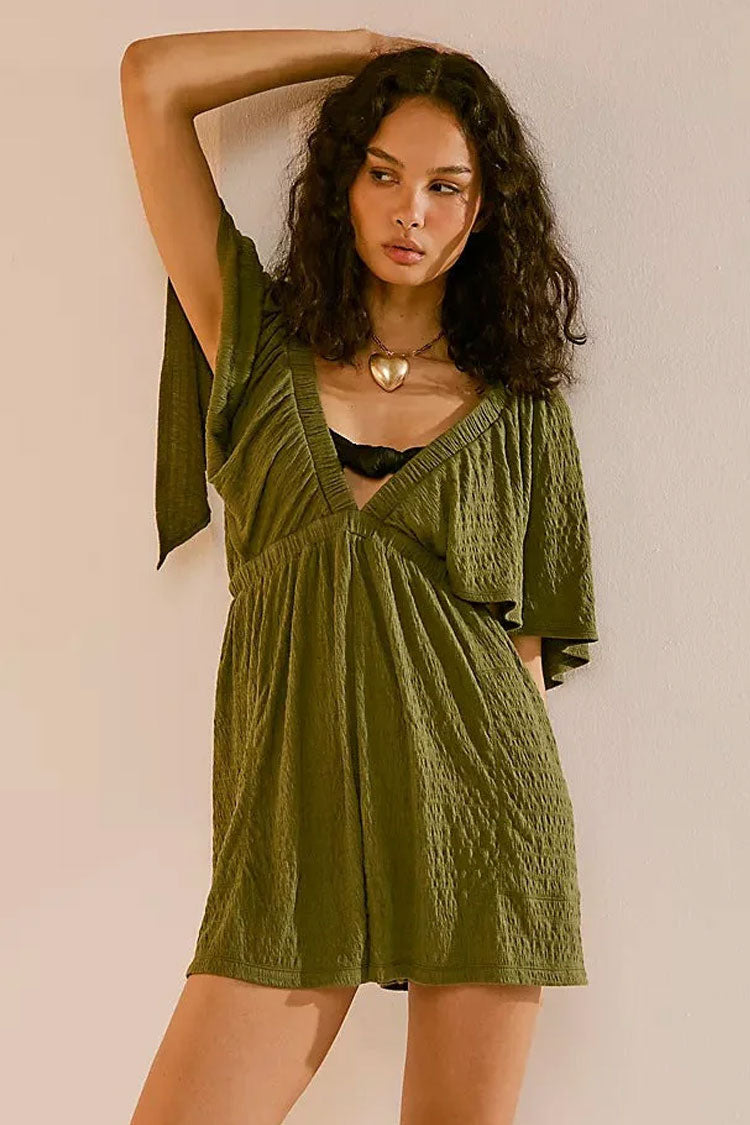 Boho Scrunch Deep V Empire Waist Short Sleeve Crinkled Summer Romper