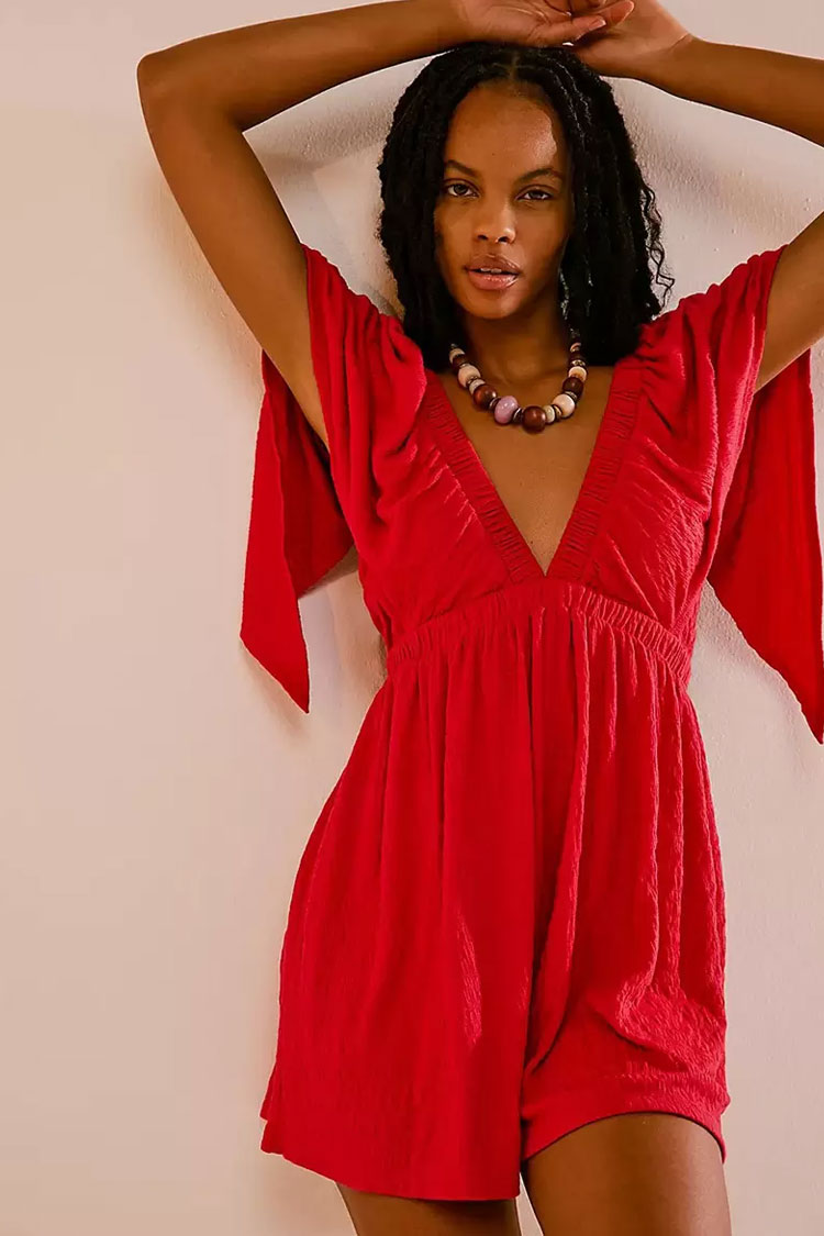 Boho Scrunch Deep V Empire Waist Short Sleeve Crinkled Summer Romper