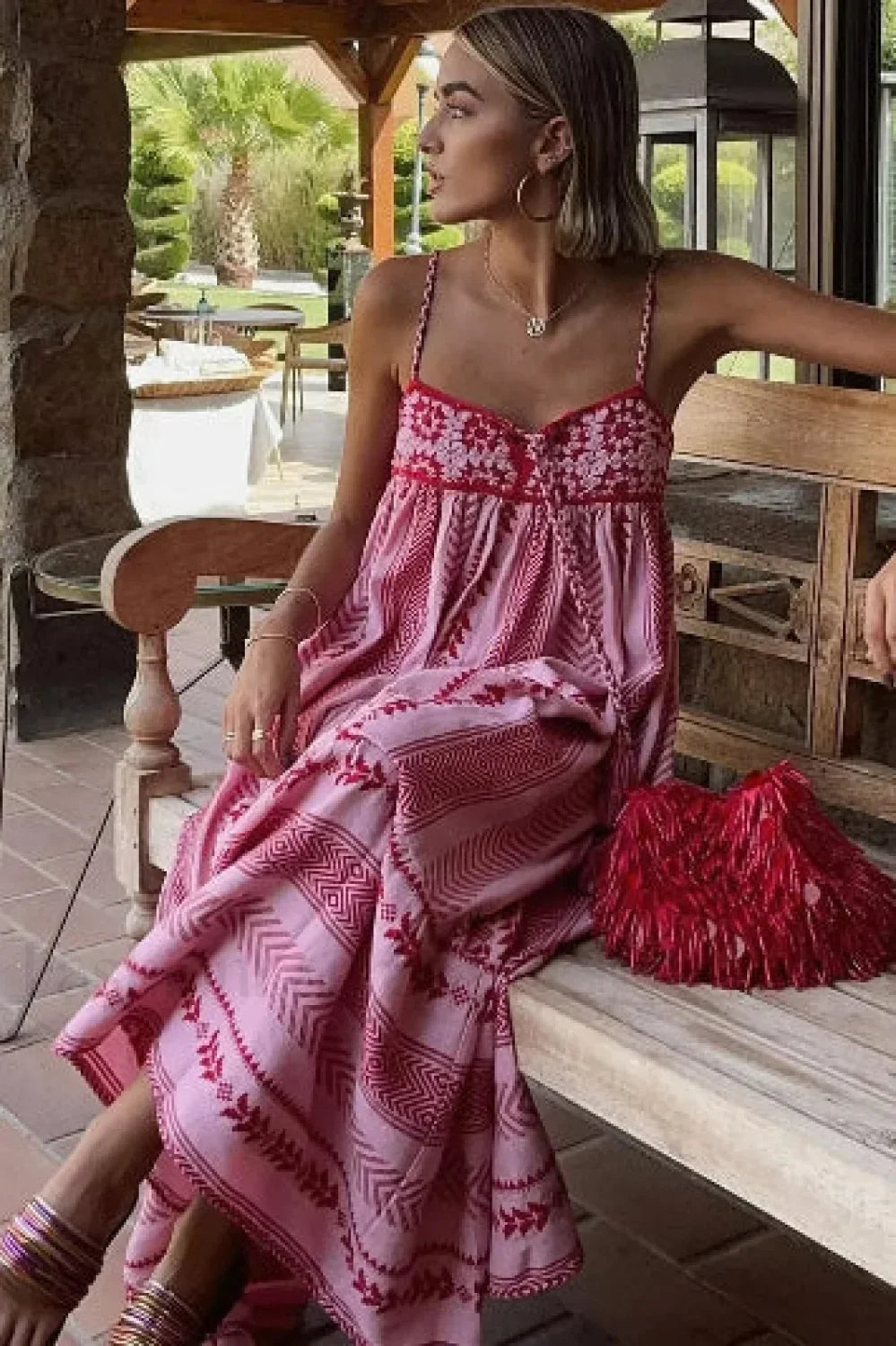 Boho Spaghetti Strap Tassel Boho Dress Pink / S