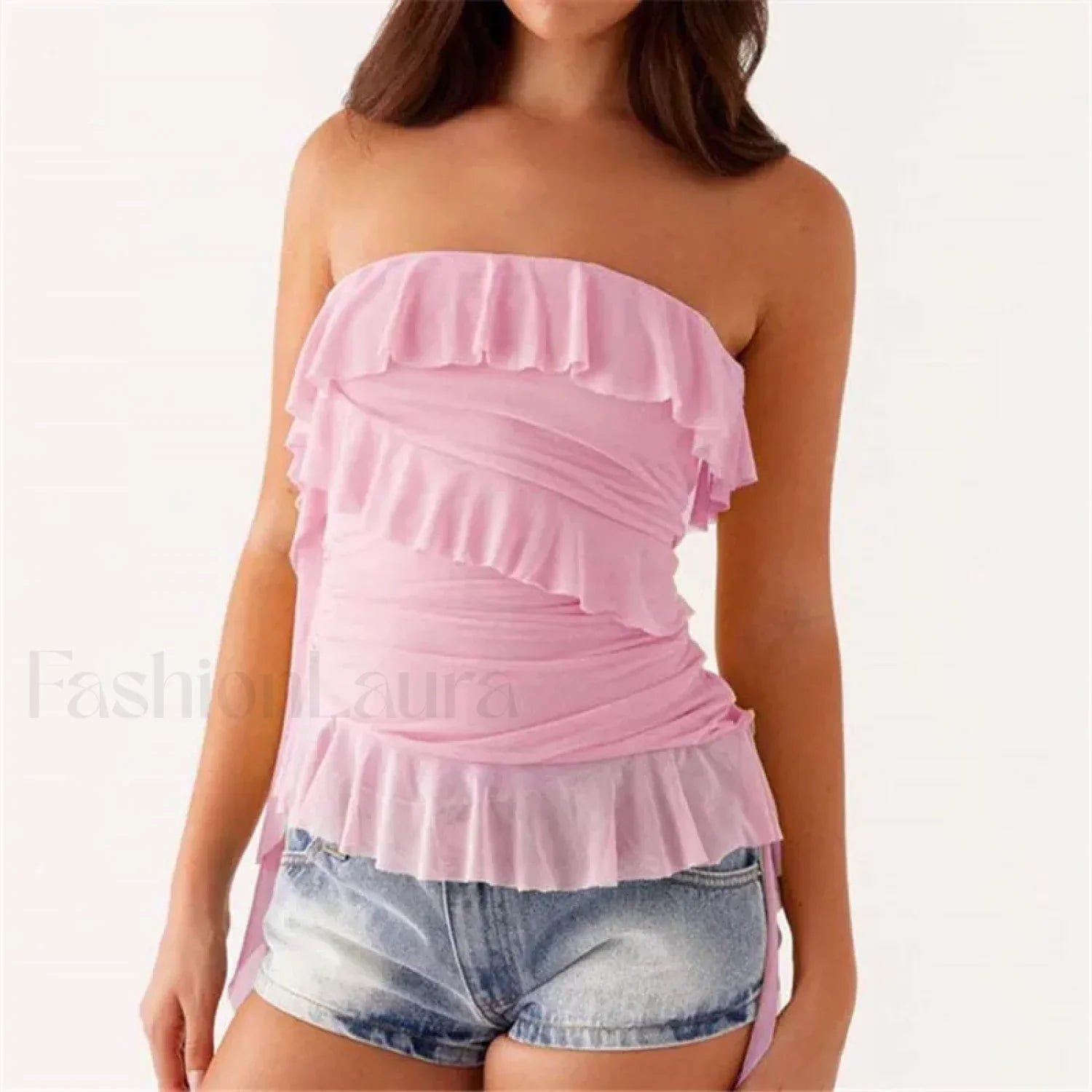 Boho Strapless Ruffle Crop Top Pink / S