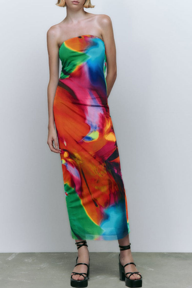 Abstract Print Strapless Mesh Tube Bodycon Midi Dress