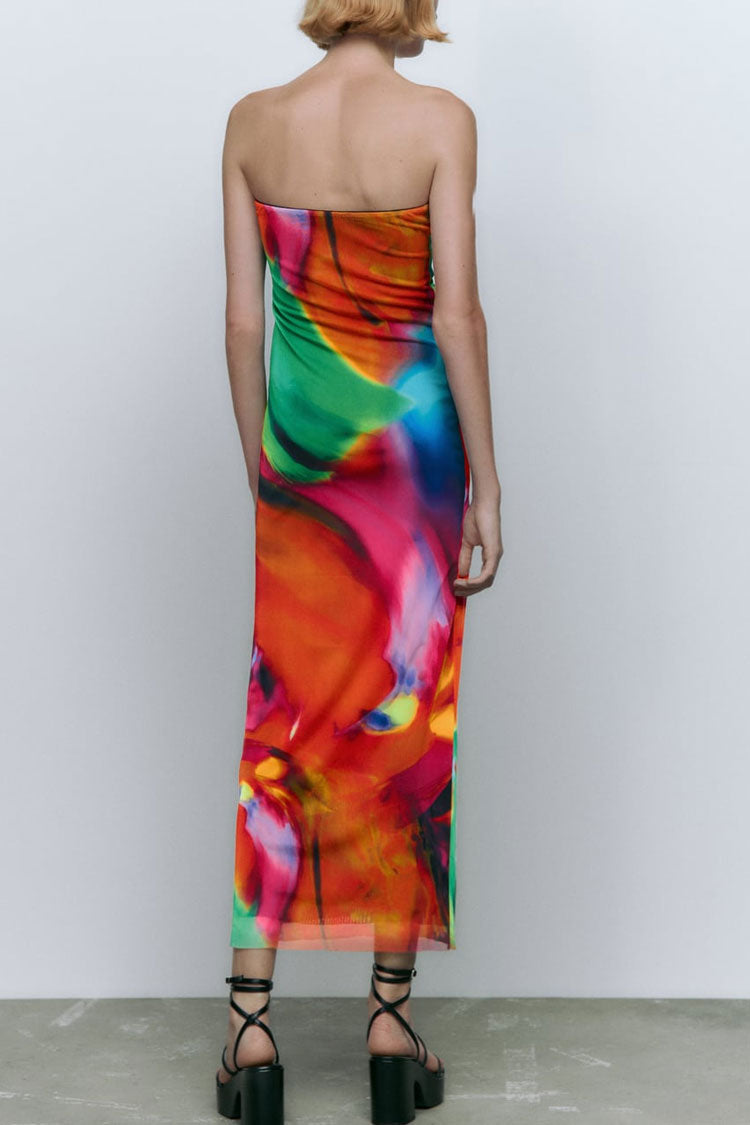 Bold Abstract Printed Summer Strapless Mesh Maxi Dress - Multicolor 3