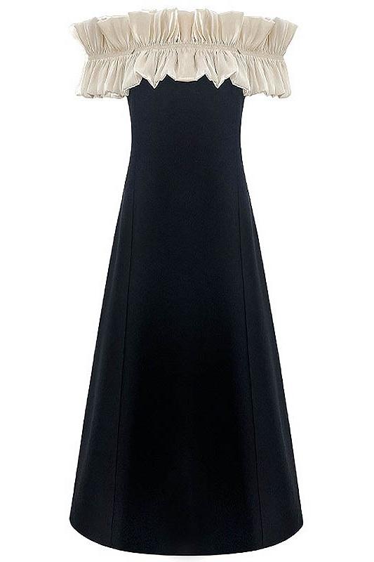 Off Shoulder Pleated Ruffle Neck Column Maxi Cocktail Dress
