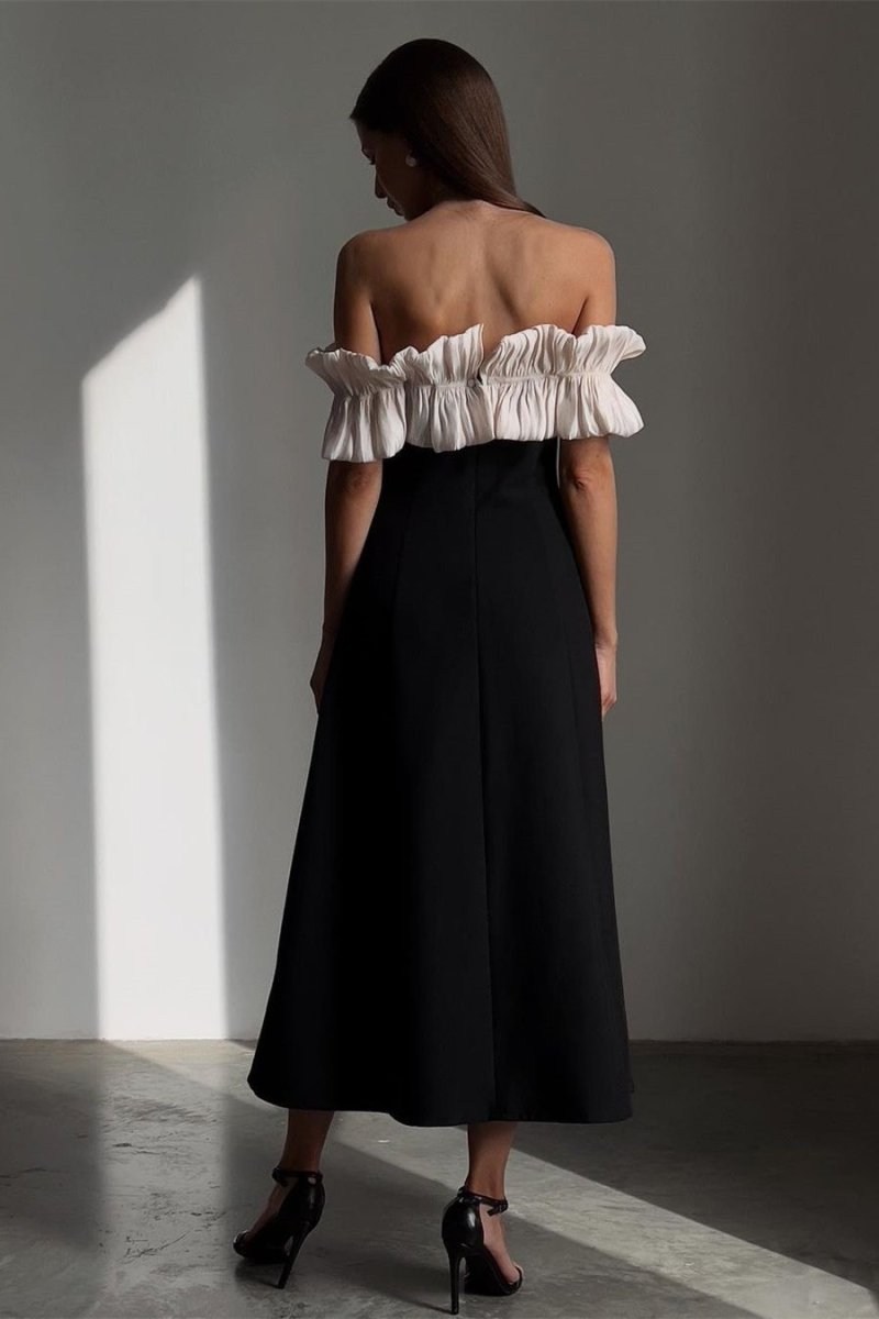 Off Shoulder Pleated Ruffle Neck Column Maxi Cocktail Dress