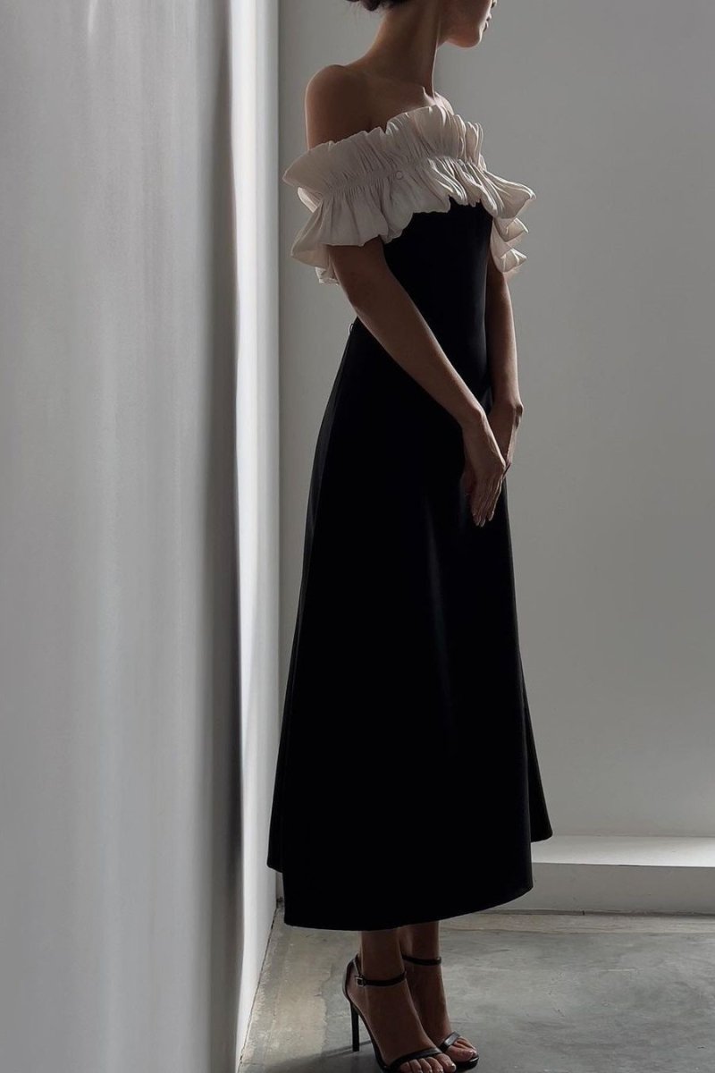 Off Shoulder Pleated Ruffle Neck Column Maxi Cocktail Dress