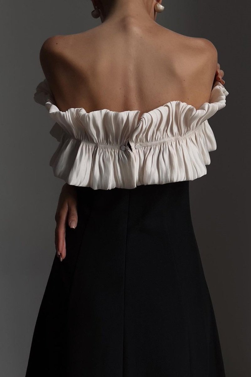 Off Shoulder Pleated Ruffle Neck Column Maxi Cocktail Dress