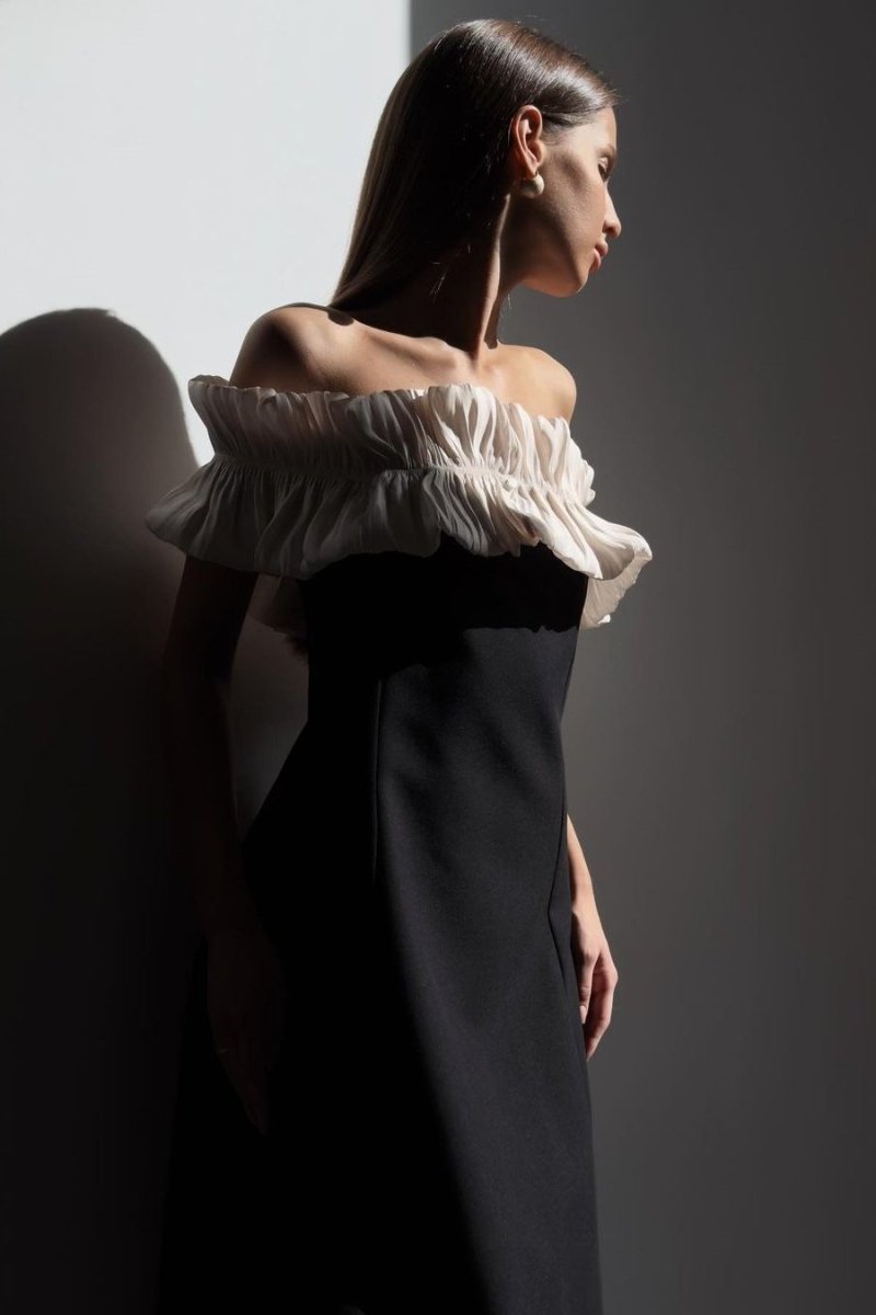 Off Shoulder Pleated Ruffle Neck Column Maxi Cocktail Dress