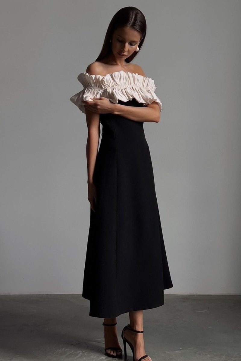 Off Shoulder Pleated Ruffle Neck Column Maxi Cocktail Dress