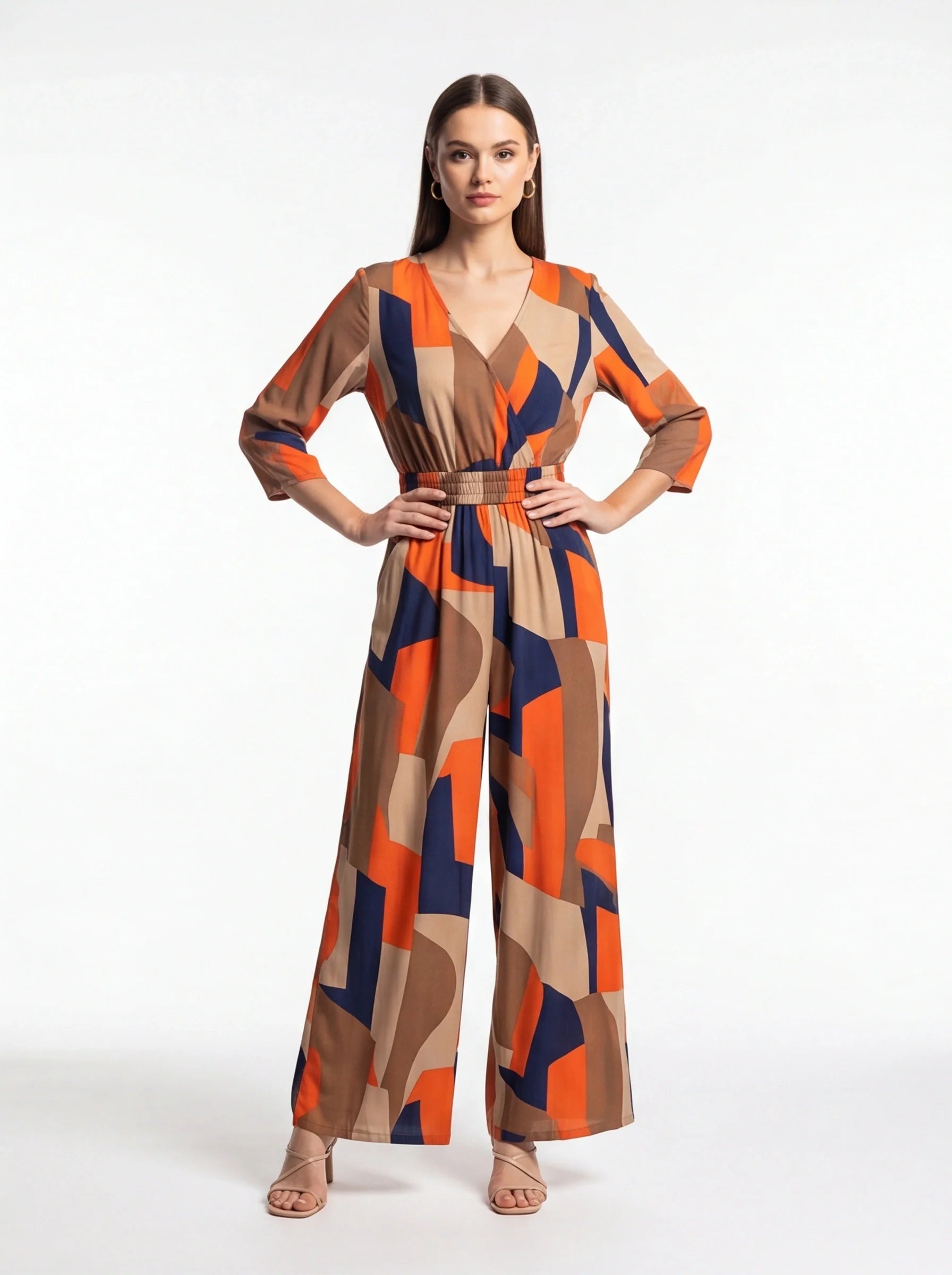 Chic Colorblock Geometric Jumpsuit with Belted Waist and Pockets - Jamota