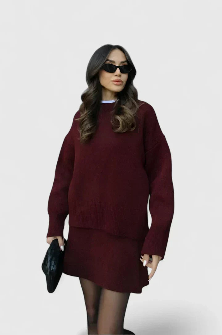 Crew Neck Oversized Sweater and Mini Skirt Two Piece Set
