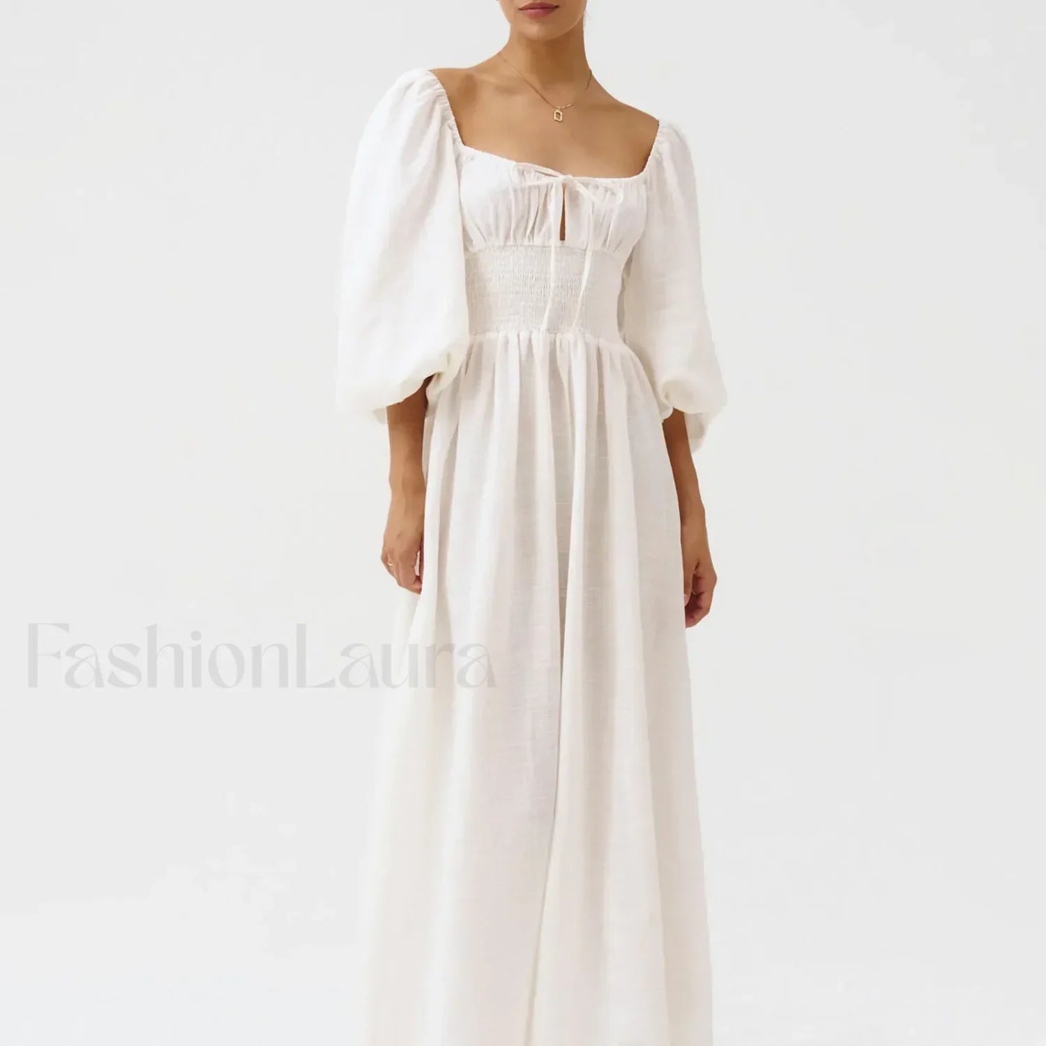 Bow-Front Smocked Midi Dress