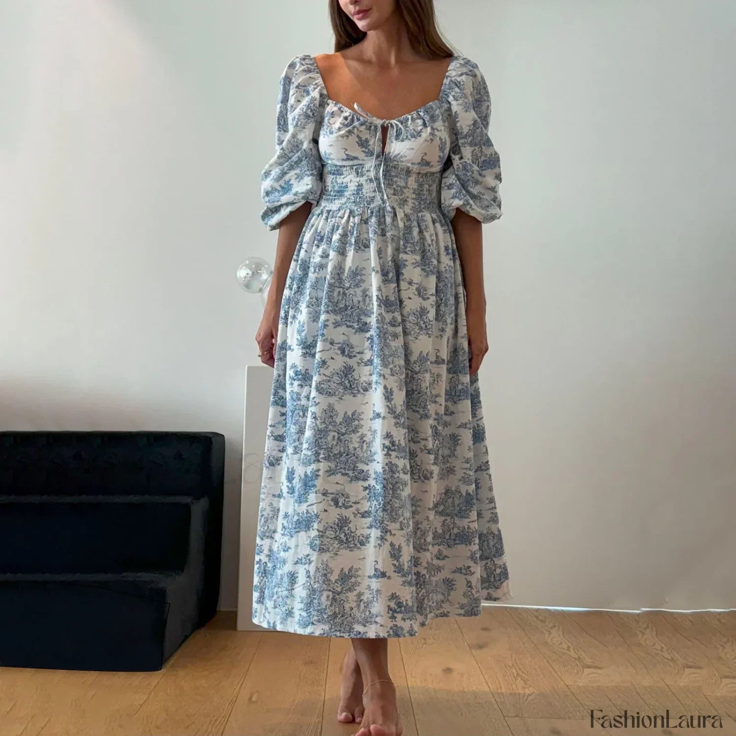 Bow-Front Smocked Midi Dress