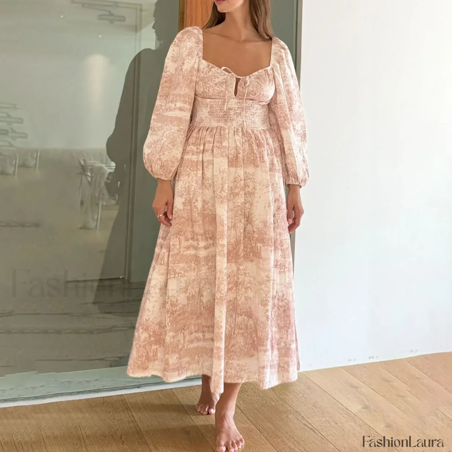 Bow-Front Smocked Midi Dress