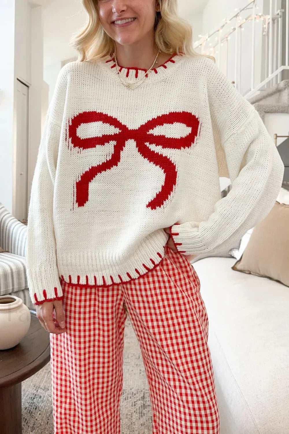 Bow Jacquard Knit Pullover Sweater