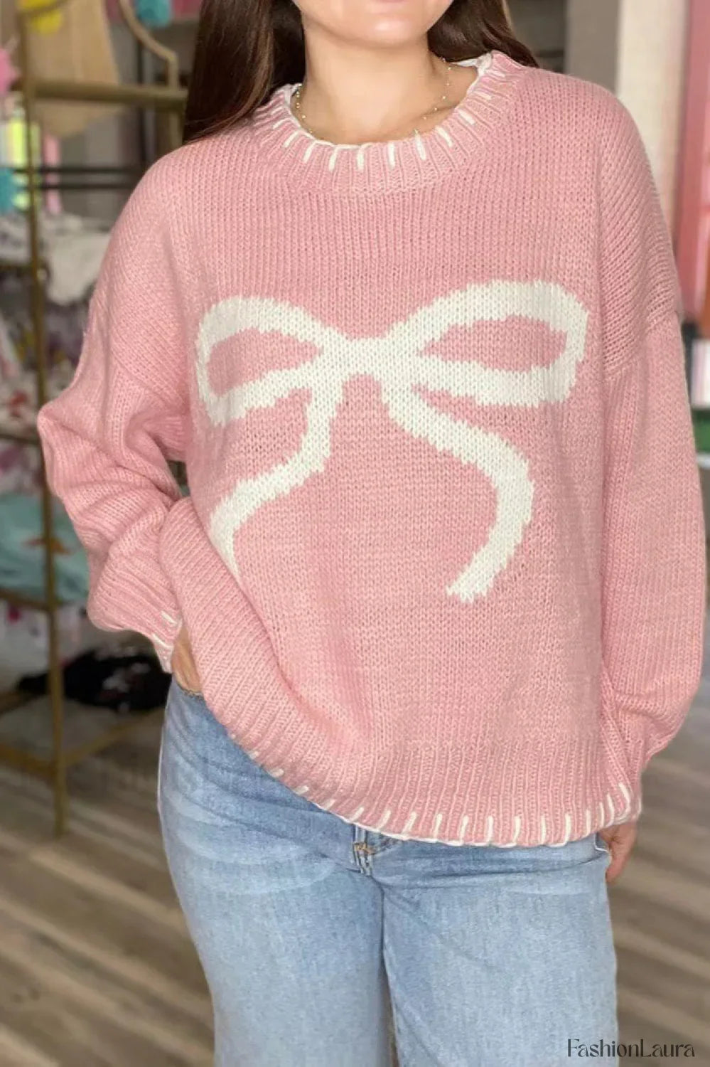 Bow Jacquard Knit Pullover Sweater
