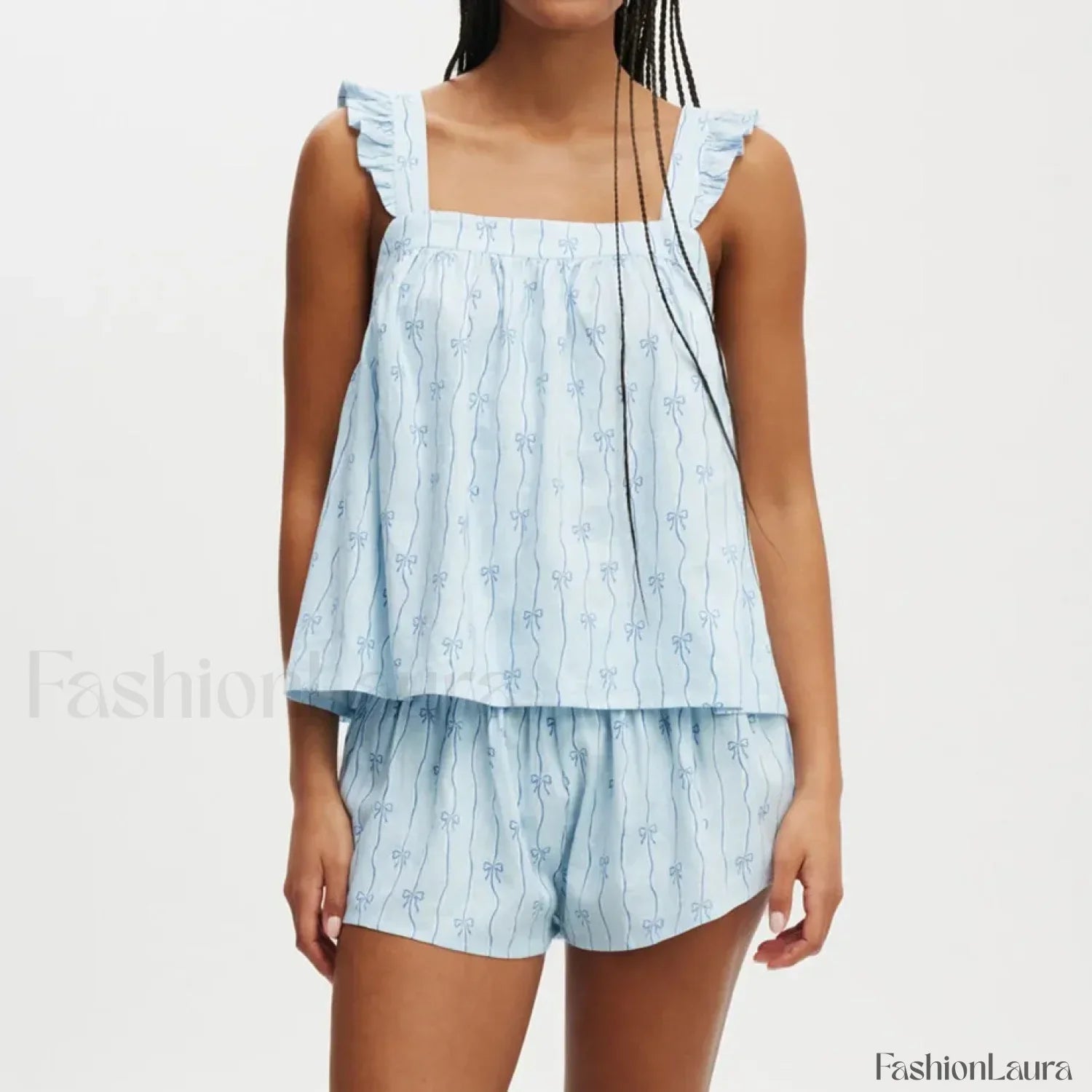 Bow Print Ruffled Camisole Wide Leg Shorts Two Piece Set