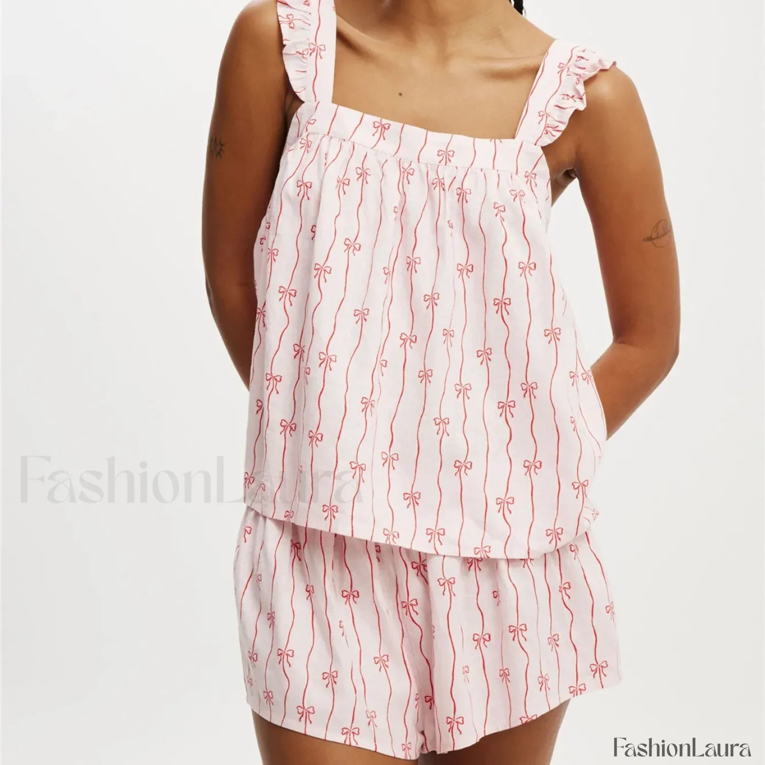 Bow Print Ruffled Camisole Wide Leg Shorts Two Piece Set