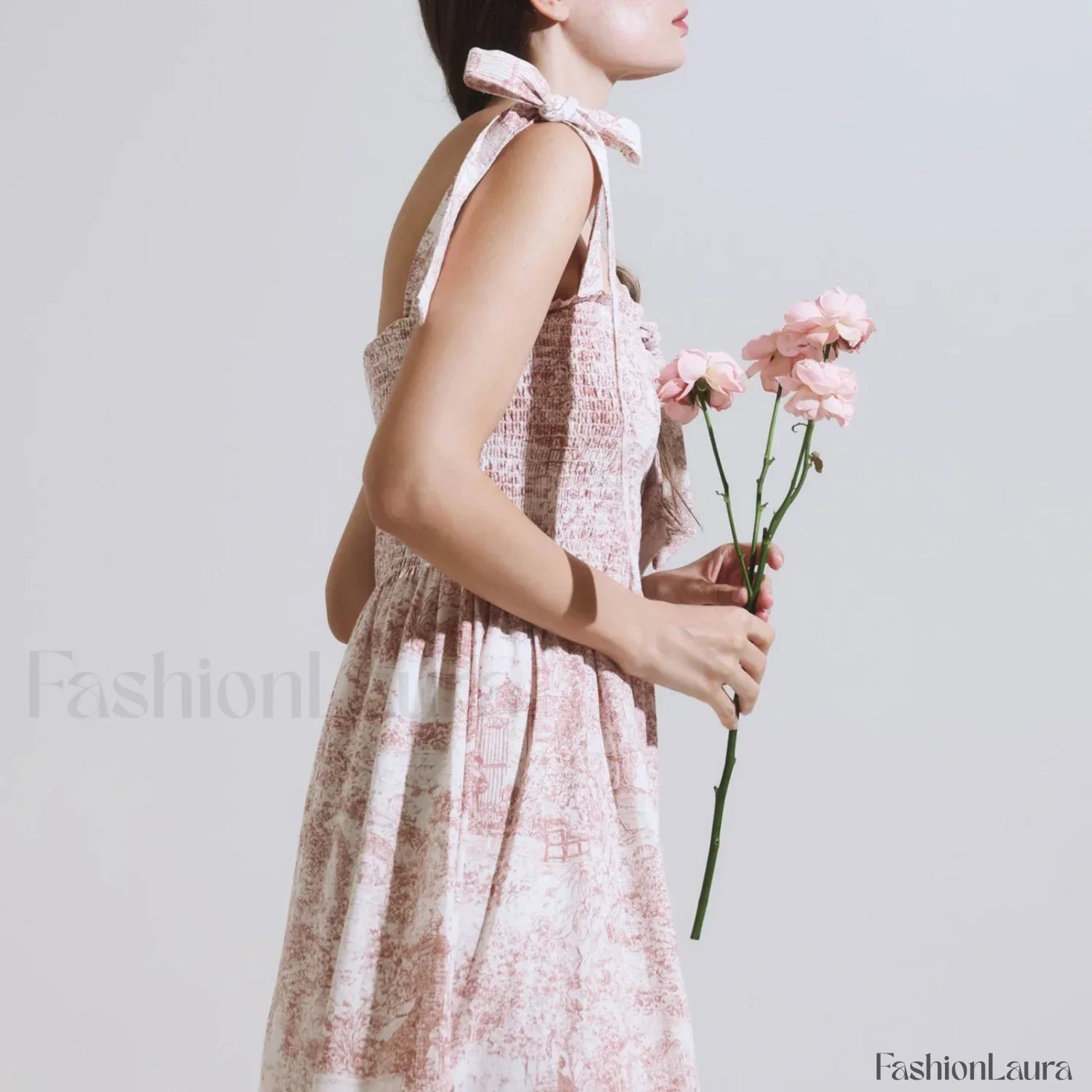 Bow-Strap Floral Smocked Midi Dress