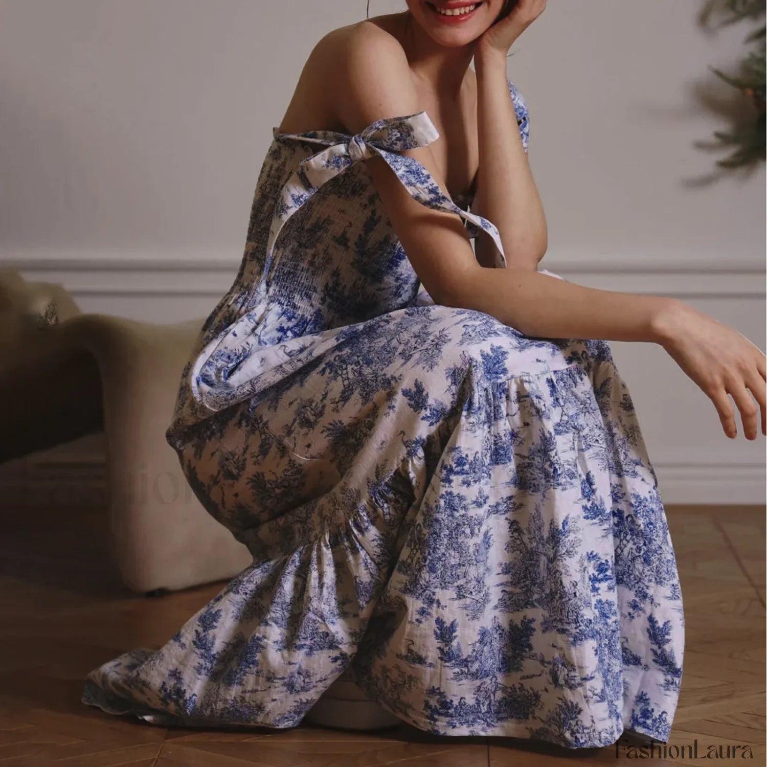 Bow-Strap Floral Smocked Midi Dress