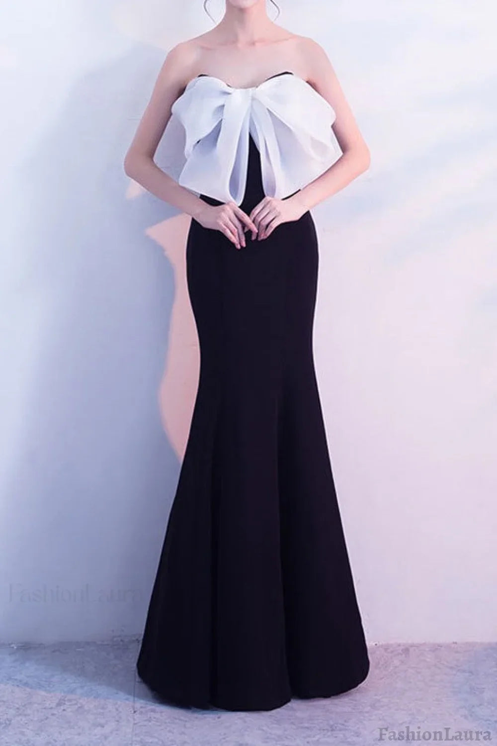 Bow Strapless Mermaid Maxi Party Dress Black and White / S