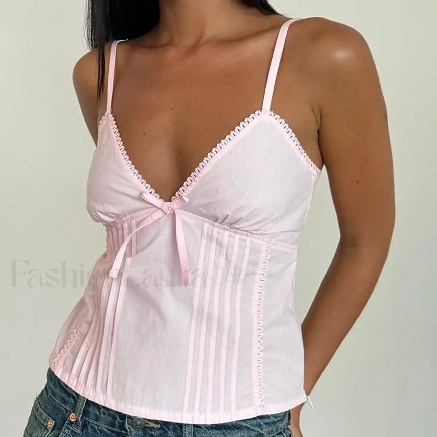 Bow V Neck Adjustable Crop Top Pink / S