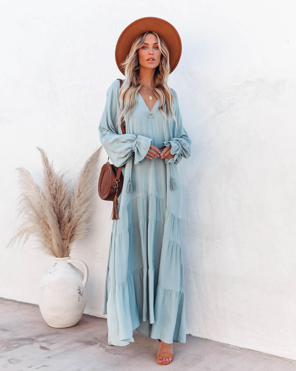 Bowdan Tiered Boho Maxi Dress Light Blue